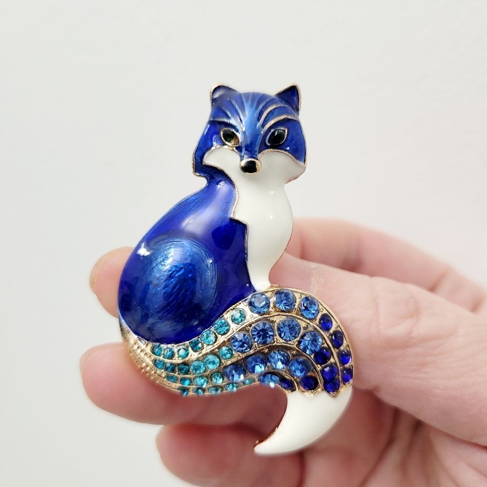 Brand New 2 In 1 Gold Tone Blue Fox Rhinestone Brooch Pin & Pendant